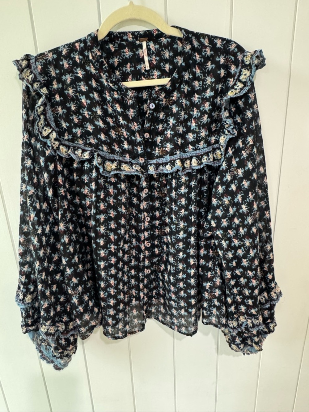 Free People Dark Navy Floral Ruffle Button-Down Blouse